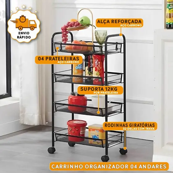 Carrinho Multiuso Organizador Escritório Fruteira Cozinha Rodinha 04 Prateleiras Banheiro Lavanderia