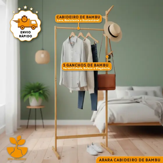 Cabideiro Mancebo De Chão Em Bambu Arara Organizador De Roupas Closet Expositor Com Ganchos
