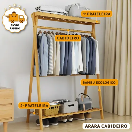 Arara Cabideiro De Roupas 2 Prateleiras De Bambu Expositor Chão Closet Mostruário Sapateira Infantil