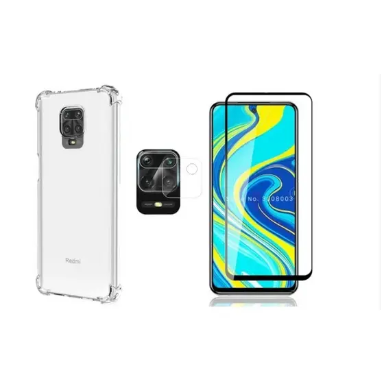 Kit para Redmi Note 9s ou 9 Pro com Capa com borda protetora, Película vidro 3D tela, película para vidro câmera.