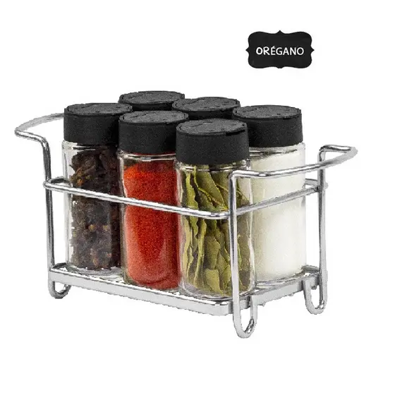 Porta Tempero Condimento 6 Potes Vidro Tampa Dosadora Suporte Cromado Organização Cozinha