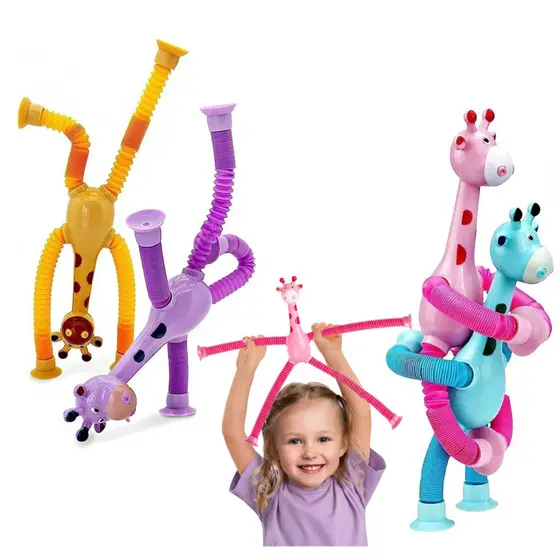Kit 4 Girafas Flexíveis com Ventosa Pop Tube Brinquedo Infantil Estica e Puxa