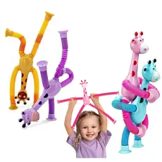 Kit 4 Girafas Flexíveis com Ventosa Pop Tube Brinquedo Infantil Estica e Puxa