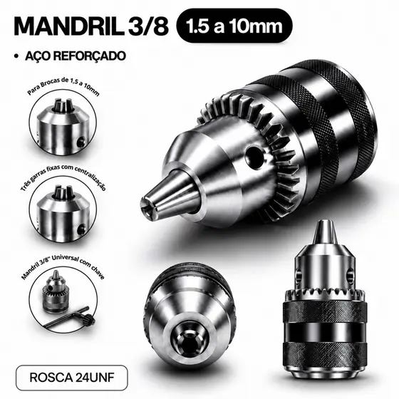 Mandril para Furadeira Profissional 3/8 com Chave 10mm Universal Alta Resistência Aço Reforçado