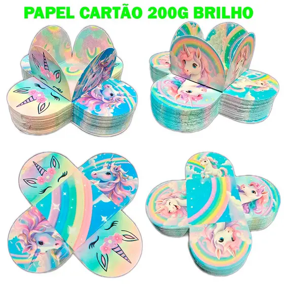 50~400 Forminhas Unicórnio Aquarela Candy Color 4 Pétalas Casamento Debutante Aniversário