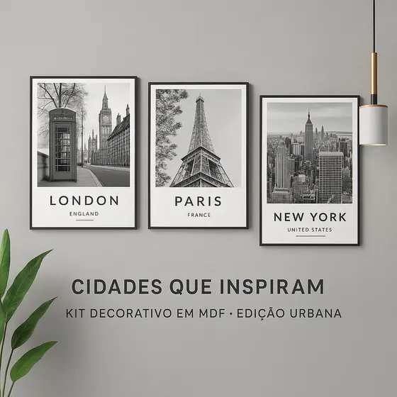 Kit 3 Quadros Decorativos Cidades Icônicas | Londres Paris Nova York | MDF Vinil Fosco – Quarto Sala