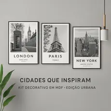 Kit 3 Quadros Decorativos Cidades Icônicas | Londres Paris Nova York | MDF Vinil Fosco – Quarto Sala