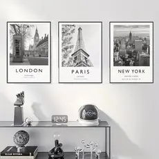 Kit 3 Quadros Decorativos Londres Paris Nova York Preto Branco Parede de Escritório Sala