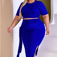 Conjunto Feminino Plus Size Saia Midi Com Fenda Elegante Blusa Cropped Manga Curta Modelador Até G4