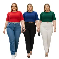 Cropped e Blusa Top Plus Size Modelador Com Manga Luxo Ana Ruga Com Elastano Confortável 44 ao 52