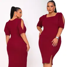 Vestido Midi Feminino Plus Size Moda Evangélica com Fenda e Detalhe no Ombro Forro Duplo GG ao G4