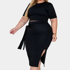 Conjunto Plus Size Cropped Manga Curta + Saia Midi com Faixa Feminina Modeladora Quentinho  GG ao G4