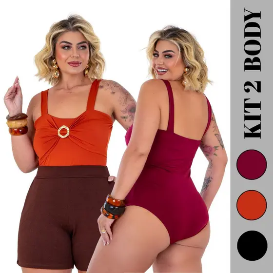 Kit 2 Body feminino com alça plus size fivela forro duplo no busto Bory Tendência Verão GG/G3