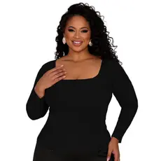 Blusinha Plus Size Feminina Manga Comprida de Frio Canelada Ribana Gola Quadrada