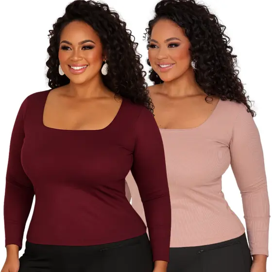 Blusa Manga Longa Feminina Plus Size Decote Quadrado Canelada