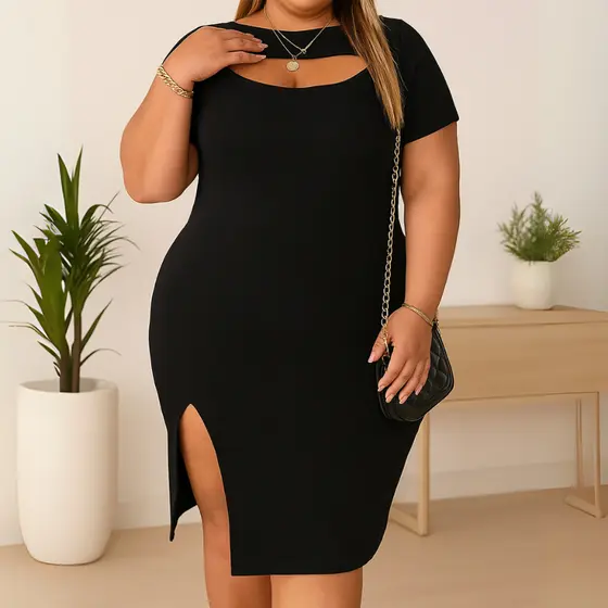 Vestido Feminino Plus Size Tubinho com Fenda e Manguinha Valoriza Suas Curvas Luxo GG ao G4