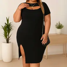 Vestido Feminino Plus Size Tubinho com Fenda e Manguinha Valoriza Suas Curvas Luxo GG ao G4