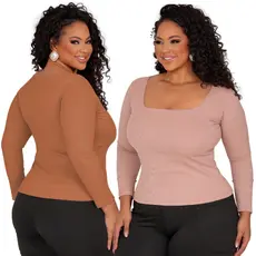 Kit 2 Blusas Canelada com Manga Longa Gola Quadrada Feminina Plus Size Ribana Inverno GG ao G4