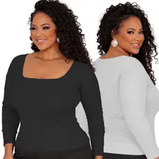 Blusa Manga Longa Feminina Canelada Plus Size Gola Quadrada para Inverno Confortável Quentinha