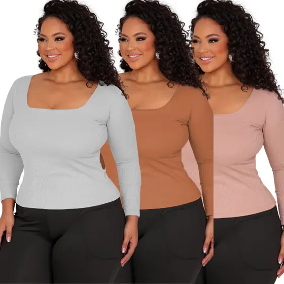 Kit 3 Blusinha Feminina Plus Size Caneladas Manga Comprida para Inverno e Frio Malha GG ao G4
