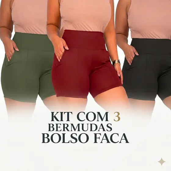 Kit 3 Bermuda Plus Size Meia Coxa Cintura Alta Bolso Modeladora Short Lateral Suplex Zero Transparência