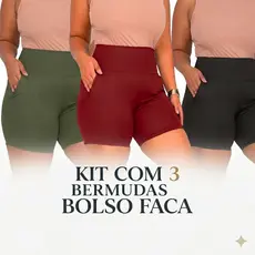 Kit 3 Bermuda Plus Size Meia Coxa Cintura Alta Bolso Modeladora Short Lateral Suplex Zero Transparência