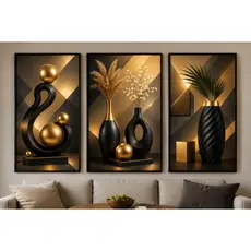 Quadro Abstrato Geométrico Moderno Escultura Dourada E Preto
