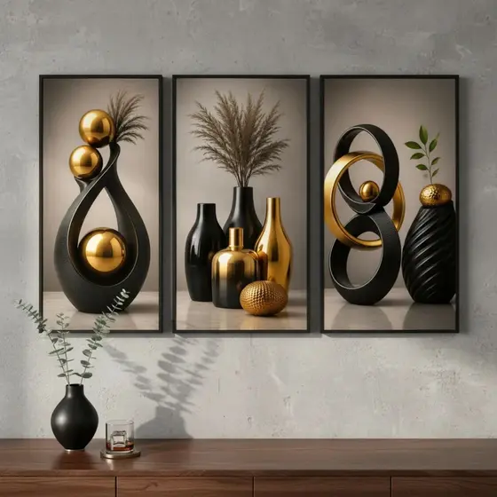 Kit De Quadros Decorativos 3 Peças Para Sala Quartos Vasos Pretos e Dourados Flores Modernas Delicadas SALA