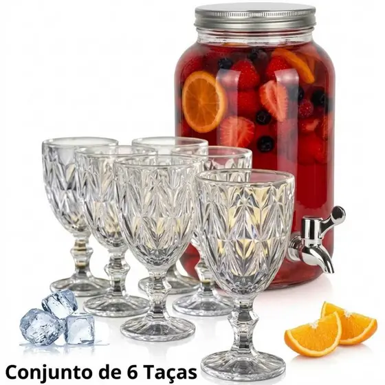 Suqueira Vidro 3 Litros com 6 Taças Bico Abacaxi Àgua Suco Vinho sobremesa Bebidas Refriferantes sobremesas Diamond