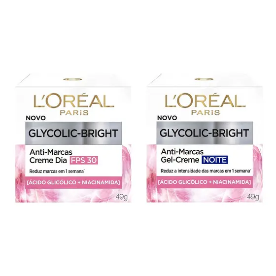 KIT CREME ANTI MARCAS GLYCOLIC BRIGHT DIA FPS30 + NOITE LORÉAL PARIS