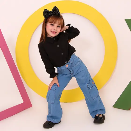 Calça Cargo Wid Leg Infantil Juvenil Crianca Calca Boca Larga Ajuste Lateral Moda Bolsa Jeans 100%
