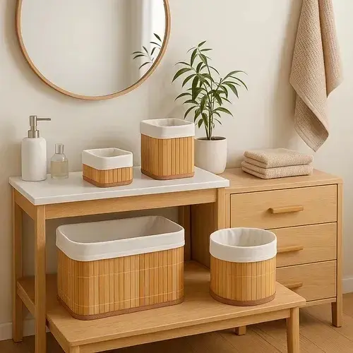 4 Cestos de Bambu Retangular Organizadores com Forro Banheiro Lavanderia Decoração Pequeno Grande