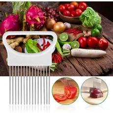 Garfo Suporte Alça Fatiador Cortador De Alimentos Legumes Cebola Tomate Pepino Frutas Aço Inox
