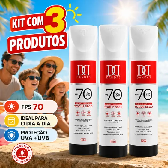 kit 3 Protetores Solar DANDAS FPS 70 - 150ml Toque Seco, Resistente  Água, Hidratação com Aloe Vera