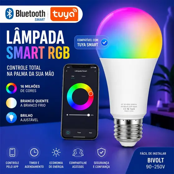 Lâmpada Led Inteligente Bluetooth ou Wifi Compatível TUYA，Smart，Alexa，Google Assistente E27 10W 110V/220V