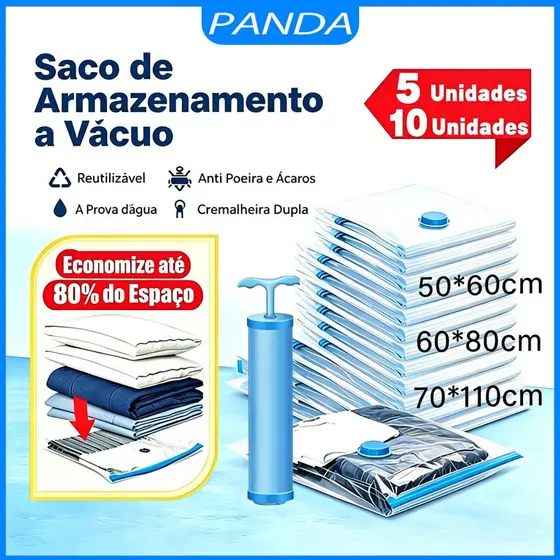 Kit Saco à Vácuo COM ou SEM Bomba Vários Tamanhos para Guarda Roupa Organização Mala Viagem Limpeza
