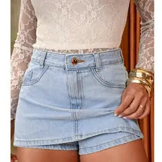 Short Saia Jeans Feminino Cintura Alta na Lavagem Clara I 100% Algodão - Sem Elastano | Verão