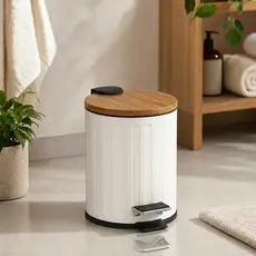 Lixeira Branca Frisada com Pedal e Tampa de Bambu Premium | Lixeira para Banheiro Cozinha Escritório e Áreas externas