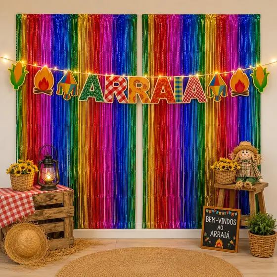 Decoração Festa Junina Arraiá Faixa Led + 2 Cortinas Fita Metalizada Colorido