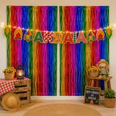 Decoração Festa Junina Arraiá Faixa Led + 2 Cortinas Fita Metalizada Colorido