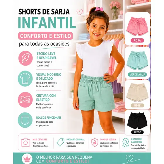 Short Sarja Bermuda Rosa, Preto, Verde Agua, Amarelo, Branco Menina Infantil 4 ao 16 (juvenil detalhe de botão)