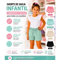 Short Sarja Bermuda Rosa, Preto, Verde Agua, Amarelo, Branco Menina Infantil 4 ao 16 (juvenil detalhe de botão)