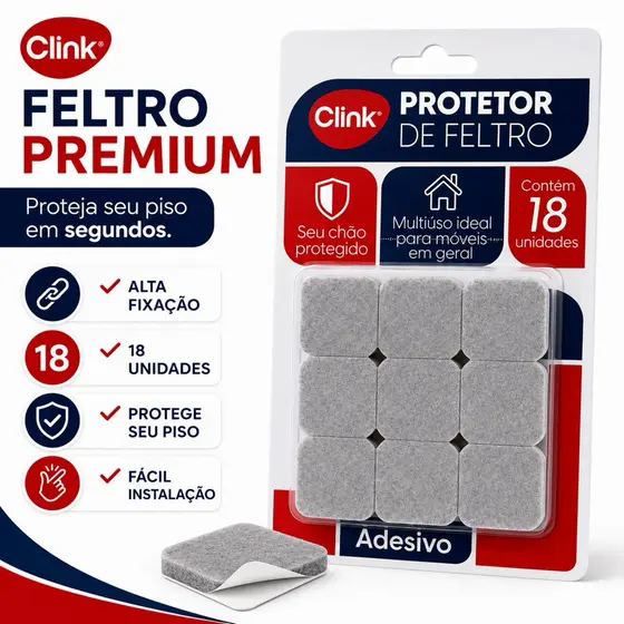 Protetor Feltro Adesivo Clink 18 Unidades 3x3cm Anti Risco para Piso Cadeira Mesa Sofá Móveis