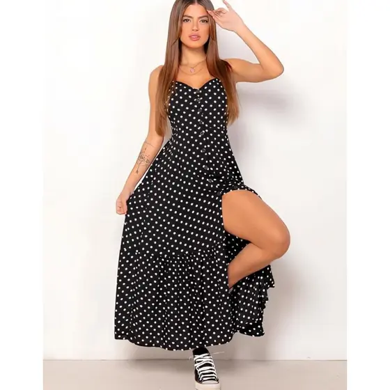 Vestido Feminino Longo Soltinho Viscose Poa Bolinha Alcinha