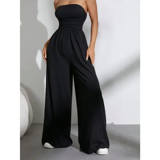 Macacão Pantalona Feminino Longo Alfaiataria Sem Manga Detalhe Franzido Elegante