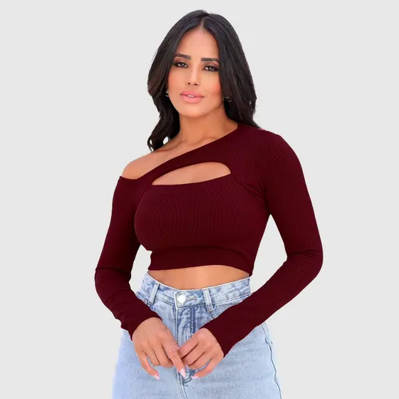 Cropped Manga Longa Blusa Feminina Decote Vazado Blogueira
