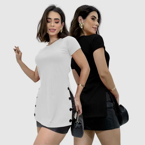 Kit 2 Blusa Bata Detalhe Botões Manga Curta Canelada Social