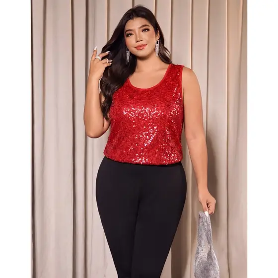 Blusa Feminina Regata Plus Size Paetê Brilho Festa Social Carnaval