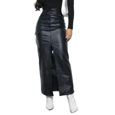 Saia Longa Feminina Couro Fake Cintura Alta Fenda Tendencia