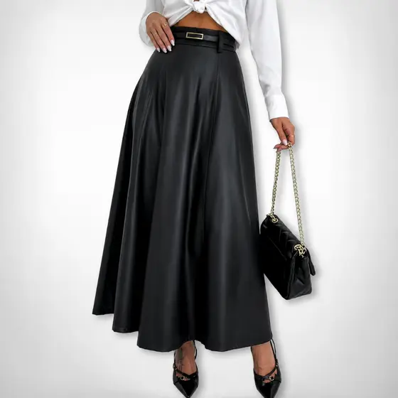 Saia Longa Midi Couro Ecologico Feminina Cintura Alta Moda